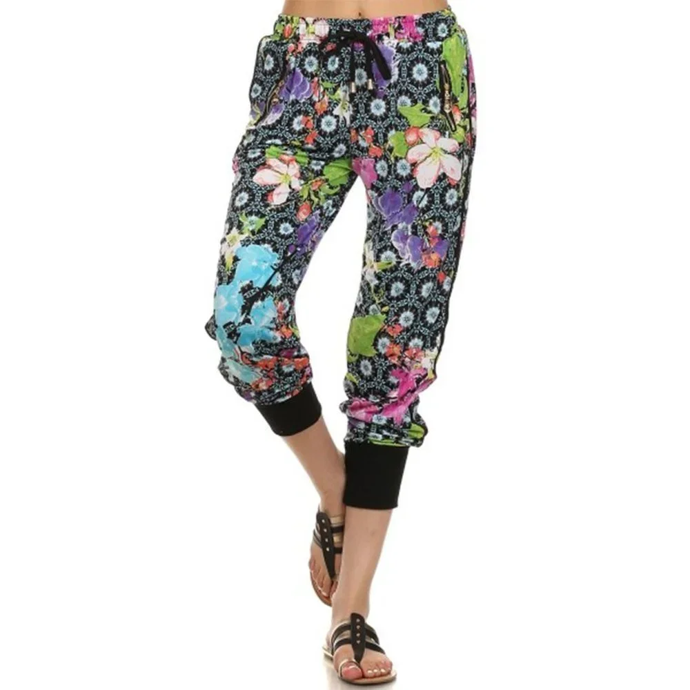 YELETE Women's Floral Jogger. Elastic Waist. Ribbing at Hem. 2 Pockets. Blue - Picture 1 of 5